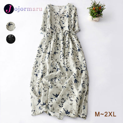 【M~2XL】大人カジュアル　花柄　ウエストリボン　ロングワンピース