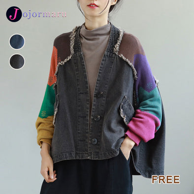 韓国ファッション　デニムジャケット　切替配色　デニムアウター