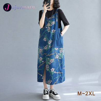 【M~2XL】エスニック風　ボタニカル　デニムジャンパースカート　
