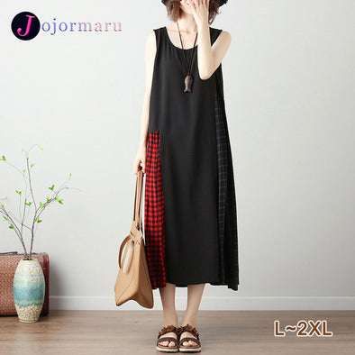 【L~2XL】大人カジュアル　揺れ感　ベストワンピース　チェック柄　夏ワンピース