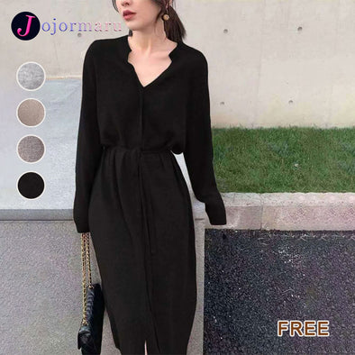 シンプルカジュアル　無地　ウエストリボン　体型カバー　ニットワンピース