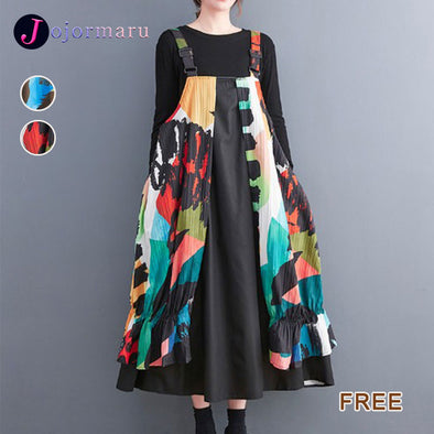 韓国ファッション　切替　不規則柄　Aライン　ジャンパースカート
