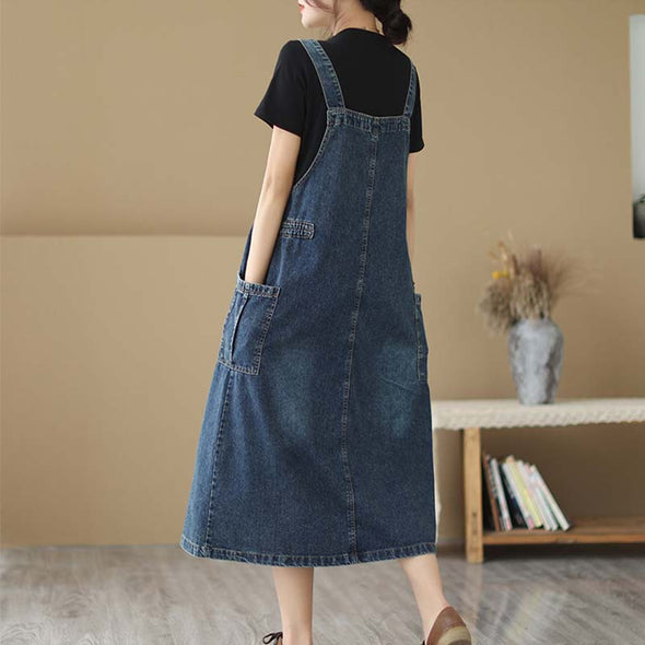 韓国ファッション　デニムサロペットワンピース　タック入り　ジャンパースカート