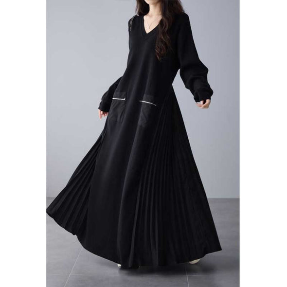 大人かわいい　サイドプリーツ　Ａライン　ロングワンピース　秋　冬　暖かい　ワンピース