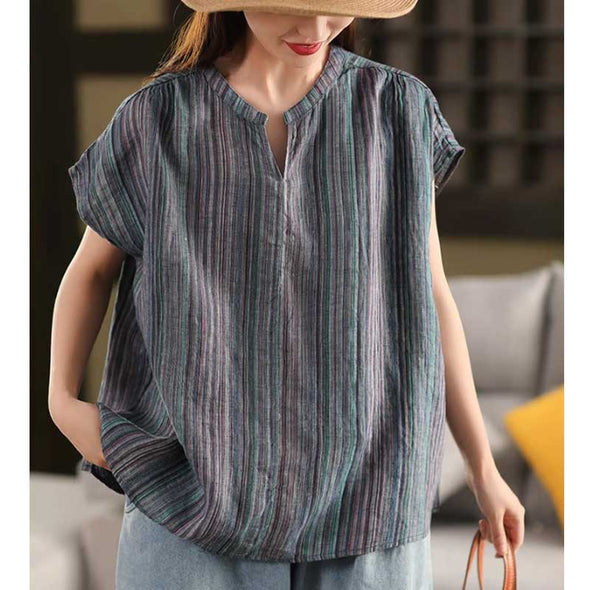 大人かわいい　綿麻　夏　スリットネック　シャツ