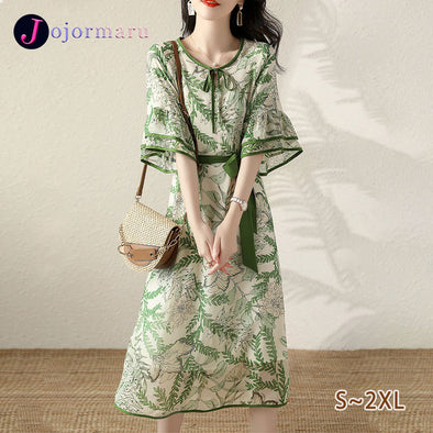 【S~2XL】注目の一着　フェミニン　フレア裾　ボタニカル　ウエストリボン付き　Ａライン　上品　ワンピース