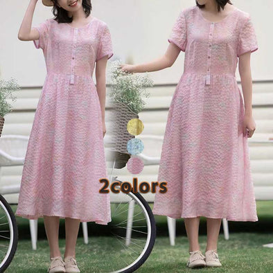 韓国ファッション　Aライン　凸凹感生地　森ガール系　ワンピース
