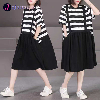 【L.XL】レイヤード風　切り替え　カジュアル　ストライプ柄　ゆったりサイズ夏ワンピース