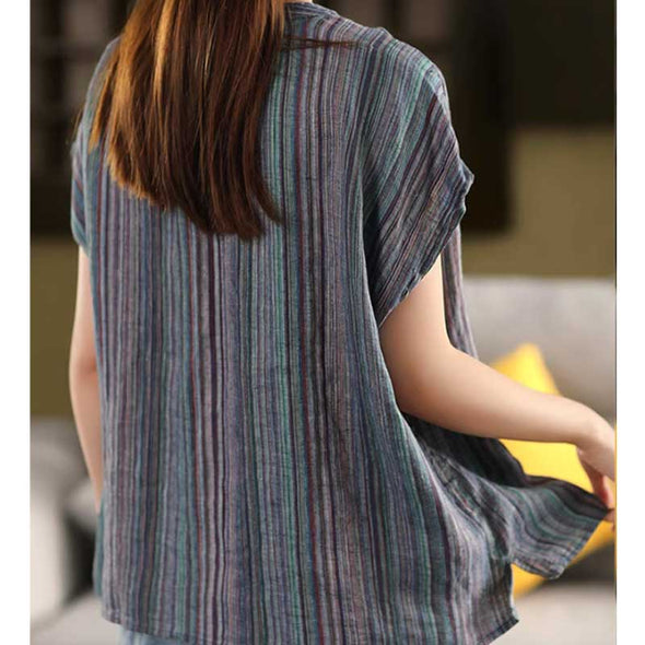 大人かわいい　綿麻　夏　スリットネック　シャツ