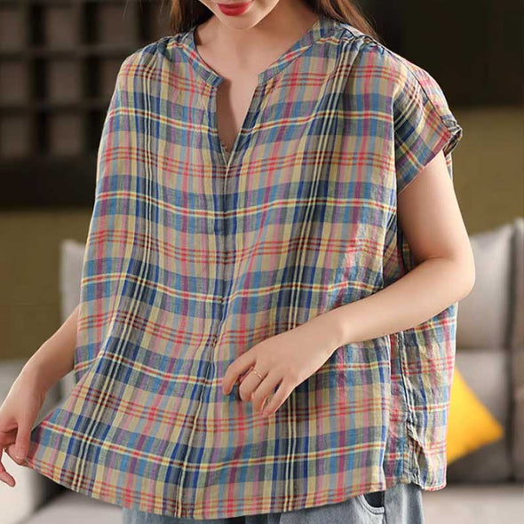 大人かわいい　綿麻　夏　スリットネック　シャツ