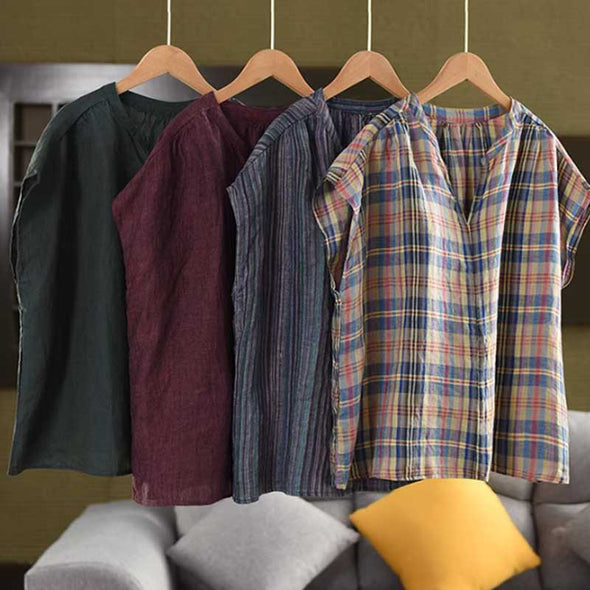 大人かわいい　綿麻　夏　スリットネック　シャツ