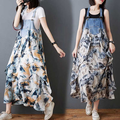 韓国ファッション　不規則柄　切替　ロングジャンパースカート　ワンピース