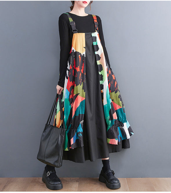 韓国ファッション　切替　不規則柄　Aライン　ジャンパースカート
