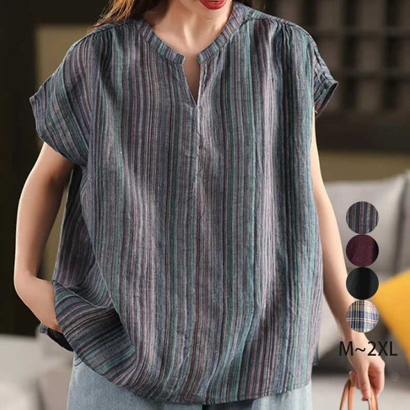 大人かわいい　綿麻　夏　スリットネック　シャツ
