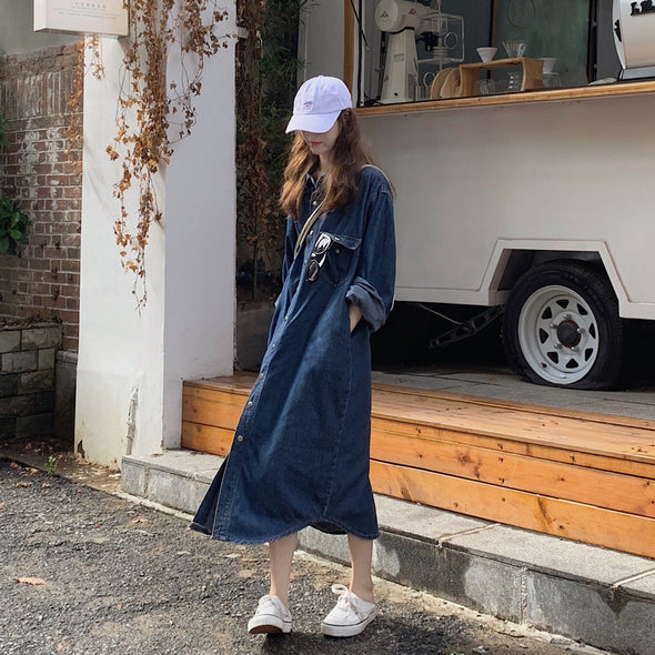 韓国ファッション　シンプルカジュアル　デニムワンピース