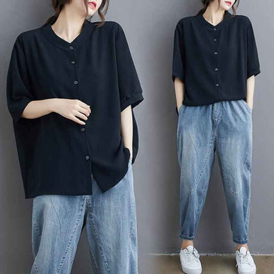 シンプルカジュアル　ゆったり　中袖　おしゃれ　夏　シャツ