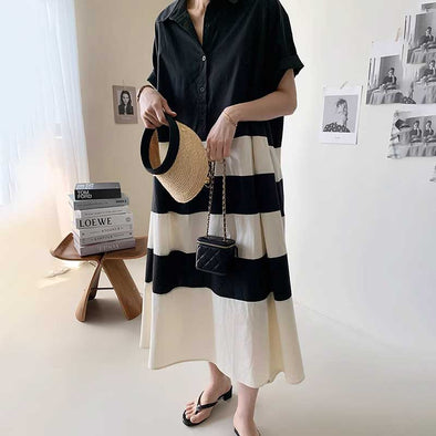 大人カジュアル　体型カバー　ロングシャツワンピース