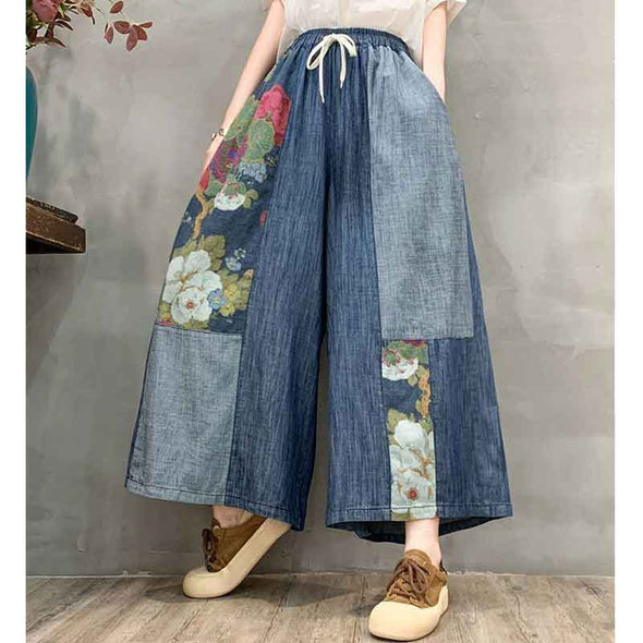 ボタニカル　楽ちん　柔らかデニム素材　ワイド風デニムパンツ