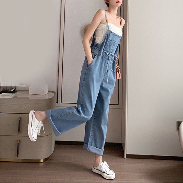 【S~XL】韓国ファッション　ハイウエスト　ウエスト飾りリボン　デニムサロペットパンツ