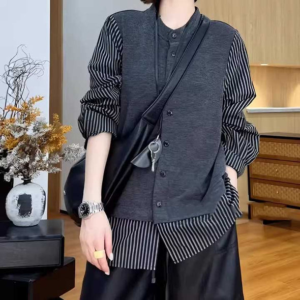 切り替え　カジュアル　抜け感　長袖　レイヤード風　シャツ風