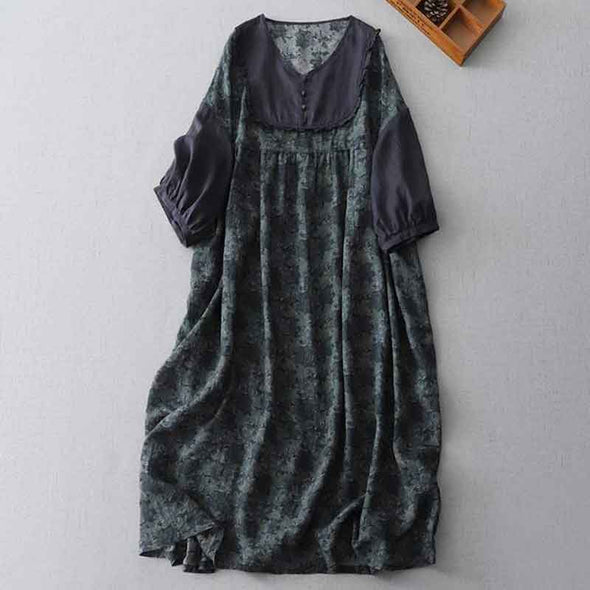 大人かわいい　切り替え　Vネック　楽ちん　ロングワンピース