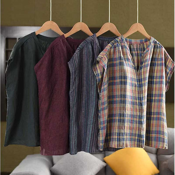 大人かわいい　綿麻　夏　スリットネック　シャツ