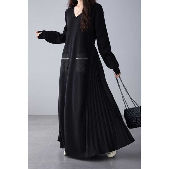 大人かわいい　サイドプリーツ　Ａライン　ロングワンピース　秋　冬　暖かい　ワンピース