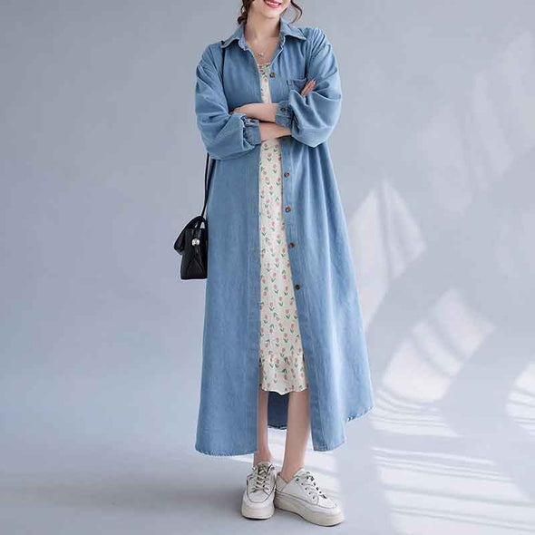 秋コーデ　薄手デニムロングアウター　羽織　ロング丈　