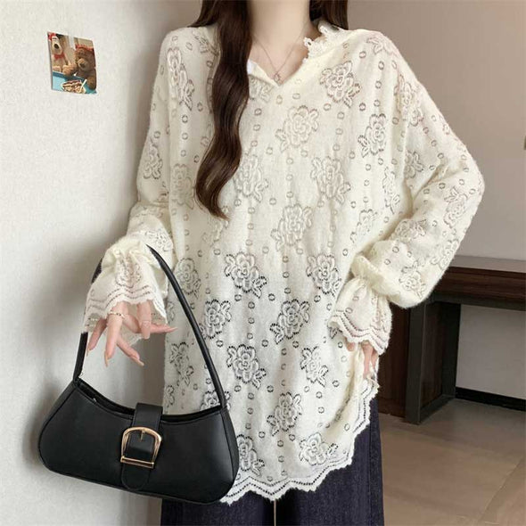 大人かわいい　長袖　フード付き　レース　花模様　Ｔシャツ　トレーナー