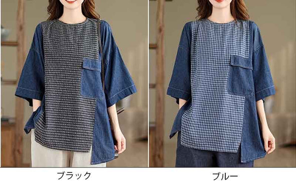 大人カジュアル　アシメ裾　切り替え　半袖Tシャツ