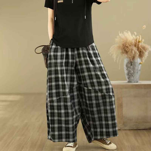 カジュアル　チェック柄　ワイド風　楽ちん　夏　パンツ