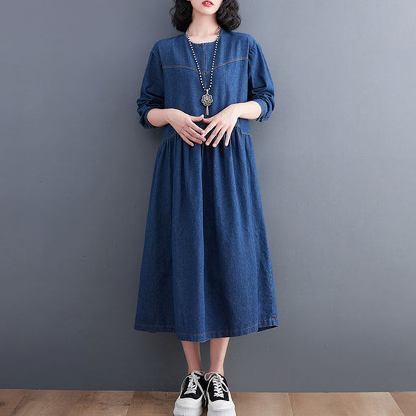 【M~2XL】New　秋コーデ　無地デニム　レトロ風　Ａライン　ロングデニムワンピース