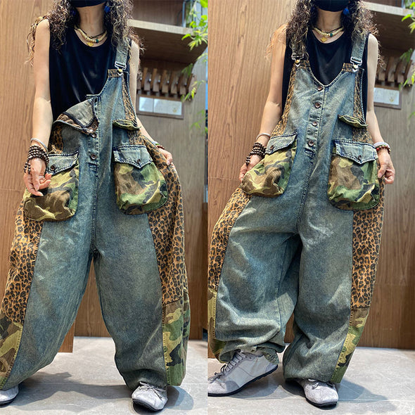 新作 独占販売】カモフラ ヒョウ柄切替 夏 デニムサロペットパンツ 