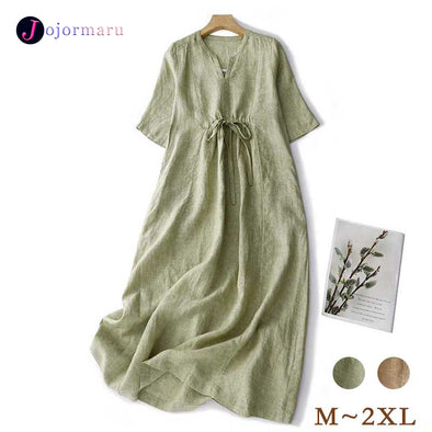 【M~2XL】vネック　シンプル　レトロ　ゆったりサイズ　無地ワンピース