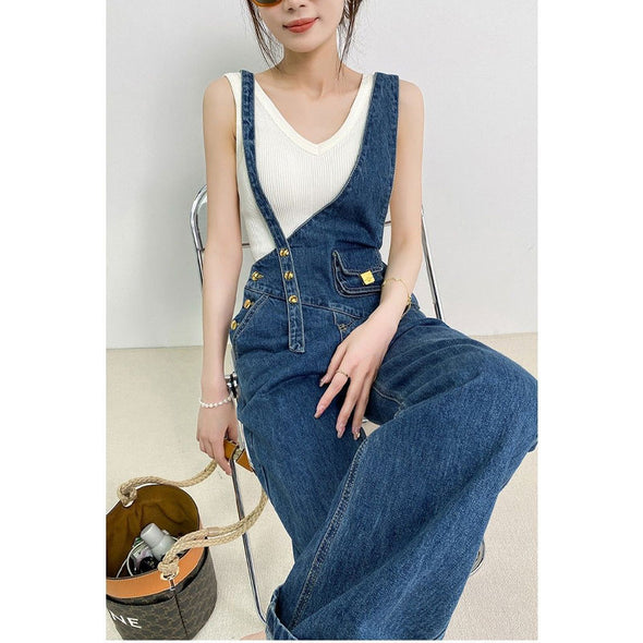 韓国ファッション　デニムサロペット　個性派　不規則デザイン　かわいい　ワイド風デニムサロペット　サロペットパンツ