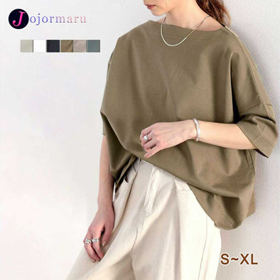 【M~XL】ボードネック　無地　中袖　ドロップスリーブ　ゆったりサイズ Tシャツ