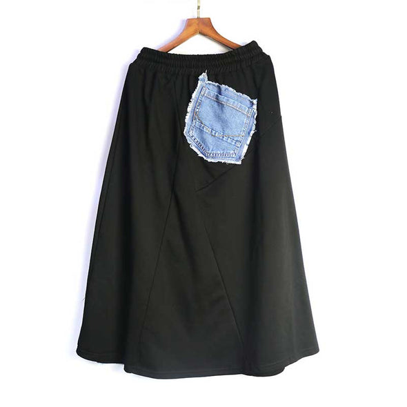 韓国ファッション　異素材切替　デニムスカート　ロングスカート