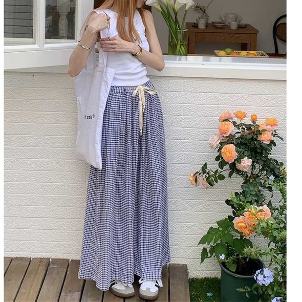 韓国ファッション　かわいい　マキシスカート　チェック柄　Aライン　ロング丈　夏スカート