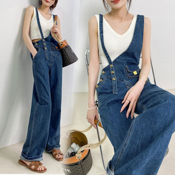 韓国ファッション　デニムサロペット　個性派　不規則デザイン　かわいい　ワイド風デニムサロペット　サロペットパンツ