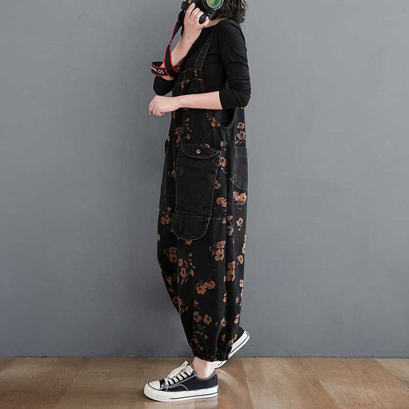 【M~2XL】韓国ファッション　デニムサロペット　花柄　ゆったりサイズ　夏人気パンツ