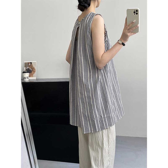 【M.L】韓国ファッション　レトロ　ノースリーブ　チェック柄　特徴のあるバックデザイン　チュニックワンピ