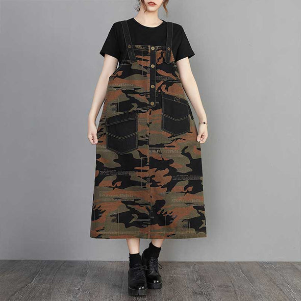 韓国ファッション　迷彩柄　デニムジャンパースカート