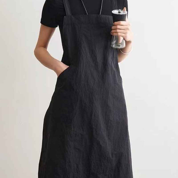 シンプルカジュアル　無地　ロング丈エプロン　バッククロス　家事　便利　エプロン