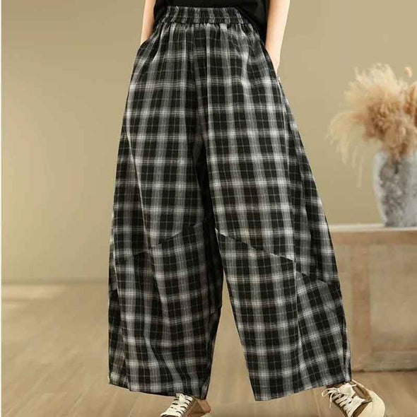 カジュアル　チェック柄　ワイド風　楽ちん　夏　パンツ