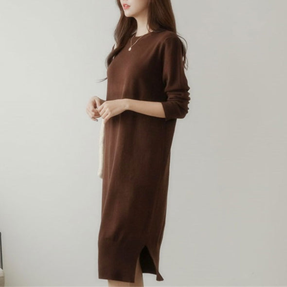 韓国ファッション　シンプル　無地　カジュアルニットワンピース