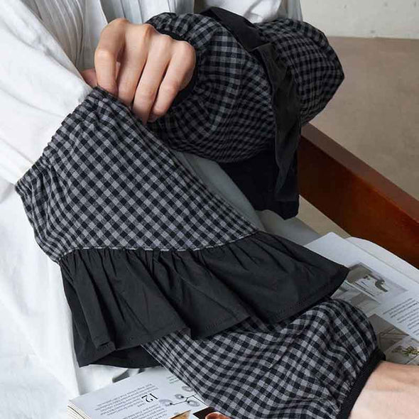 アームカバー　袖カバー　かわいい　チェック柄　フリルデザイン　おしゃれコーデ　花屋　カフェ