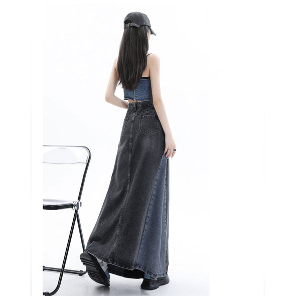 【XS~2XL】韓国ファッション　切替　ロング　Aライン　デニムスカート