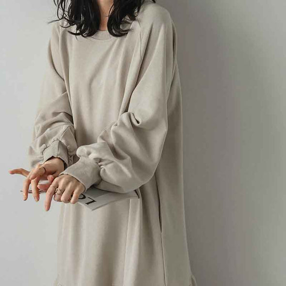 大人カジュアル　ロング丈　無地　フレア裾　パーカー風ワンピース