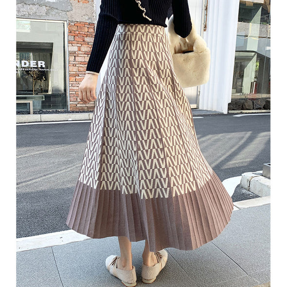 韓国ファッション　フレア　Aライン　不規則柄　プリーツスカート