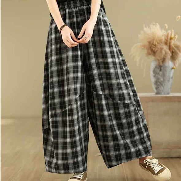 カジュアル　チェック柄　ワイド風　楽ちん　夏　パンツ